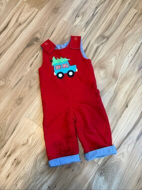 Vintage 90s Boys Red Corduroy Reversible Embroidered Christmas Romper Size 24mo